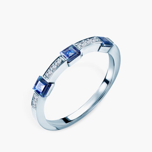 Pierścionek SAVICKI: białe złoto, niebieskie szafiry, diamenty